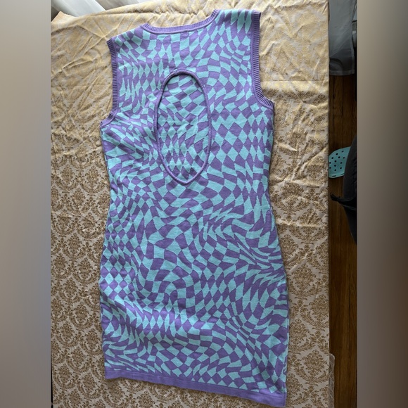 2XL Fashion Nova Blue and Purple Checker Stretchy Knit Bodycon Knee Length Dress - Picture 5 of 5